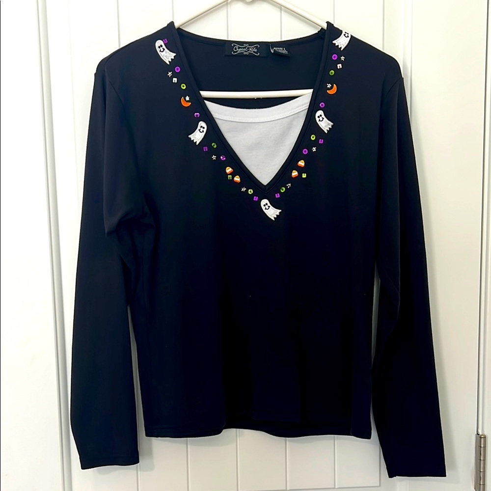 Crystal Kobe, Sz PL, black with white dickie, ghost, candy, corn, sliver moon